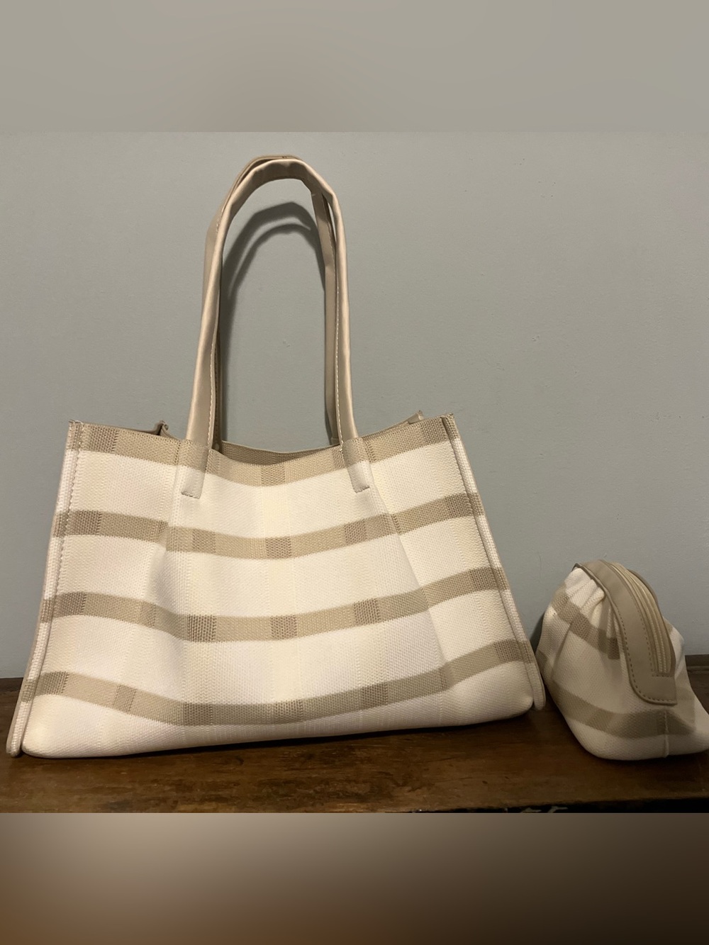 Neiman Marcus Ecru Stripe Woven Tote & Small Zip Pouch - Picture 6 of 6
